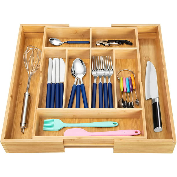 Living Bamboo Kitchen Drawer Organizer Adjustable to 9 Compartments for Office